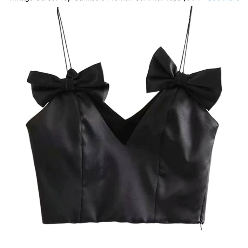 BLACK SATIN FINISH TOP WITH BOWS V-neck Crop Straps | S | Zara | New w/ Tag